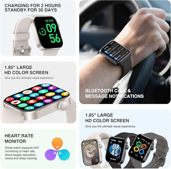 Smart Watch for Women Men Answer/Make Call,1.85"HD Screen Fitness tracker with Step Counter,140+ Sport Modes Smartwatch with Heart Rate Sleep Monitor,IP68 Waterproof Activity Tracker for Android iOS - Image 2